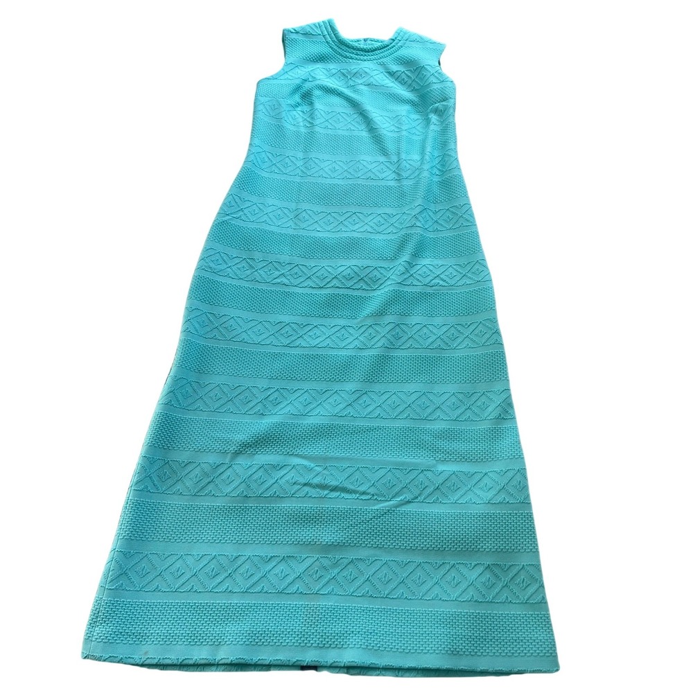 Vintage Hippy 70s Handmade Blue Textured Sleeveless Maxi Dress Belt Aqua Sz M